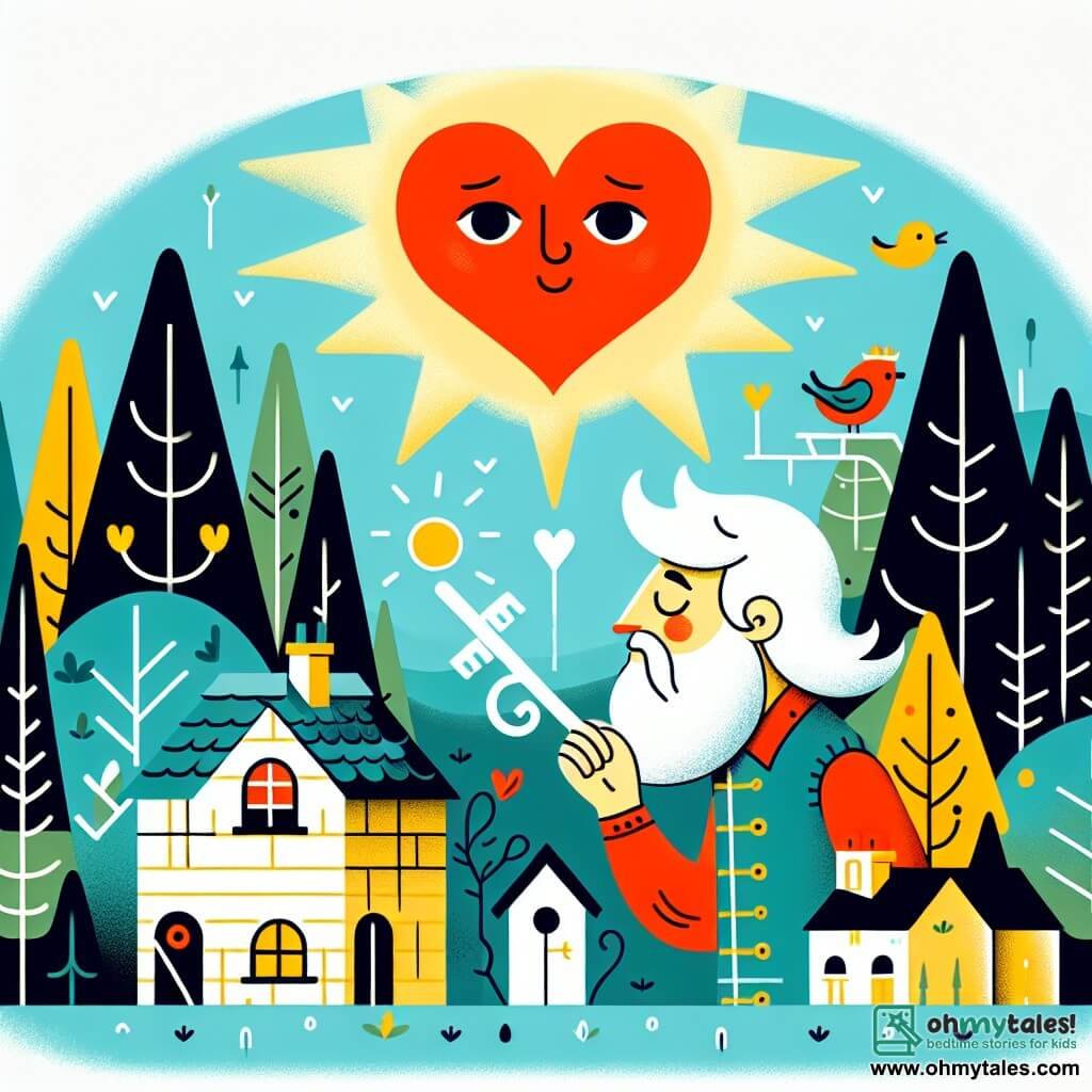 Une illustration destinée aux enfants représentant un homme au cœur aussi lumineux que le soleil, qui découvre une mystérieuse clé argentée dans un village entouré d'une dense forêt, où les arbres murmurent leurs secrets et les oiseaux chantent des mélodies qui réchauffent le cœur.