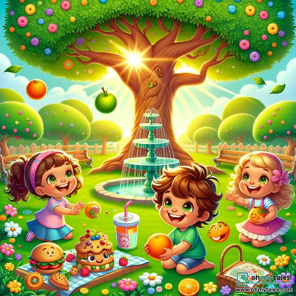 An illustration depicts a beautiful sunny park with a large green lawn dotted with colorful flowers. In the center, a big oak tree with lush leaves provides shade, while a lovely fountain sparkles nearby, surrounded by small wooden benches. A seven-year-old boy with messy brown hair and a bright smile is juggling oranges, his eyes sparkling with joy. Next to him are two seven-year-old girls, one with curly brown hair and the other with straight blonde hair, both laughing heartily. The first girl holds a large sandwich decorated with funny faces, while the second shows a colorful treasure map filled with amusing drawings. The scene captures the moment they are about to start a treasure hunt for Father's Day, surrounded by picnic treats, fruit juice, and a giant cookie. A curious little squirrel approaches, drawn by the smell of the goodies, adding a touch of magic to this joyful and playful moment.