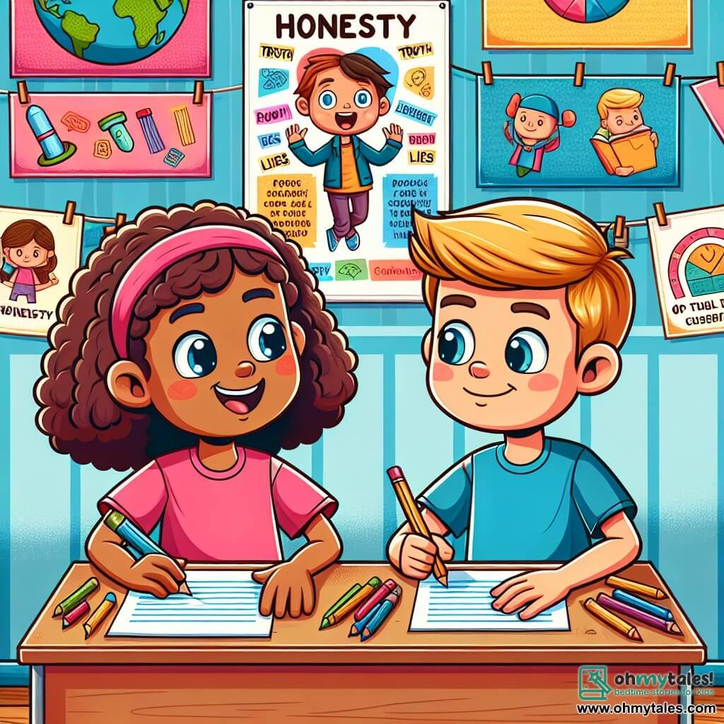 Une illustration sous forme de dessin destinée aux enfants représentant une salle de classe colorée avec des affiches sur les murs, où une fille de 7 ans aux cheveux bouclés et bruns, portant un t-shirt rose, est assise à un bureau, en train de dessiner avec enthousiasme un poster sur l'honnêteté, tandis qu'un garçon de 7 ans aux cheveux blonds et courts, vêtu d'un t-shirt bleu, se penche vers elle avec un air pensif, illustrant leur collaboration sur un projet qui explore l'importance de la vérité et les conséquences des mensonges.