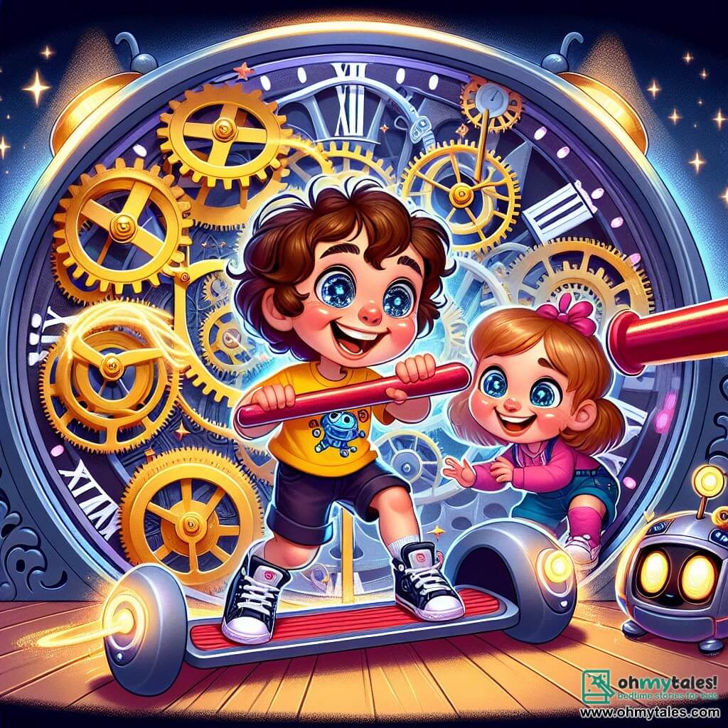 Une illustration sous forme de dessin destinée aux enfants représentant l'intérieur d'un grand horloge magique avec des engrenages scintillants, où un garçon de 7 ans aux yeux pétillants et aux cheveux bouclés, vêtu d'un t-shirt jaune avec un robot bleu, tire un levier rouge avec enthousiasme, tandis qu'à ses côtés, une fille aux cheveux roses et rieurs, portant un hoverboard, l'encourage avec un sourire éclatant, alors qu'un robot amical à roues, aux yeux clignotants, les observe avec curiosité, le tout dans une ambiance de science fantasy pleine de couleurs vives et de magie.