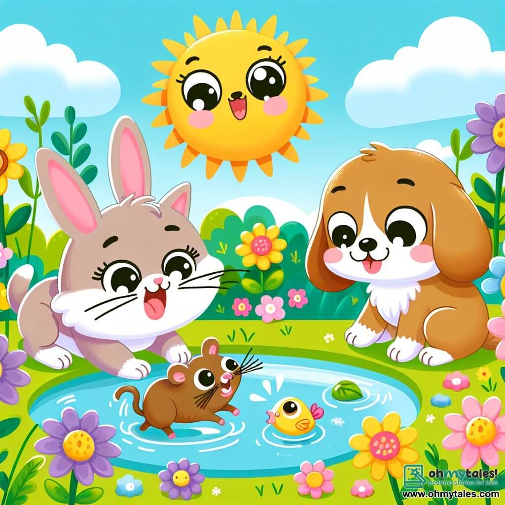 Une illustration sous forme de dessin destinée aux enfants représentant un jardin ensoleillé avec des fleurs colorées et un petit étang, où un chat aux poils doux et soyeux, avec de grands yeux pétillants, cherche désespérément son jouet en forme de souris, tandis qu'à ses côtés, une adorable lapine aux grandes oreilles et un chien joyeux avec une fourrure brune l'encouragent, tous trois riant et jouant ensemble dans une ambiance amicale et ludique.