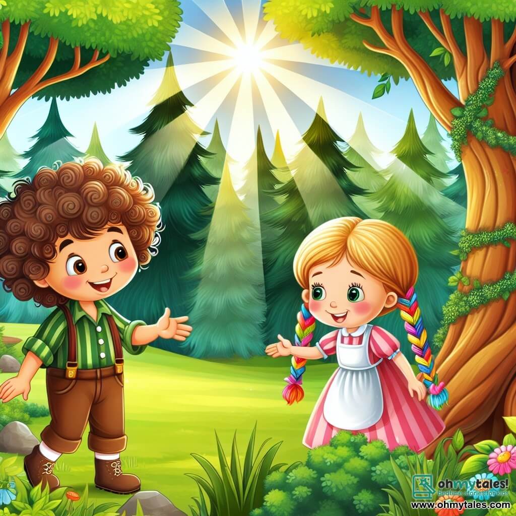 Une illustration destinée aux enfants représentant un joyeux garçon aux boucles rebondissantes faisant la rencontre d'une fille aux tresses colorées dans un parc ensoleillé bordé d'arbres verdoyants et d'une petite forêt mystérieuse.