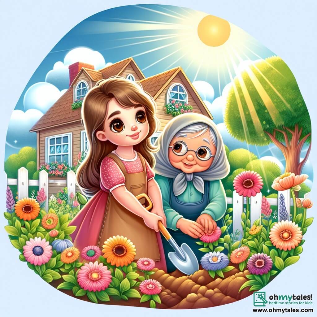 Une illustration destinée aux enfants représentant une fillette aux grands yeux bruns vivant dans une modeste maison en bordure de ville, aidant sa grand-mère à reconstruire leur jardin après une tempête, dans la petite ville de Willow Creek, entourée de fleurs colorées et d'un soleil radieux.