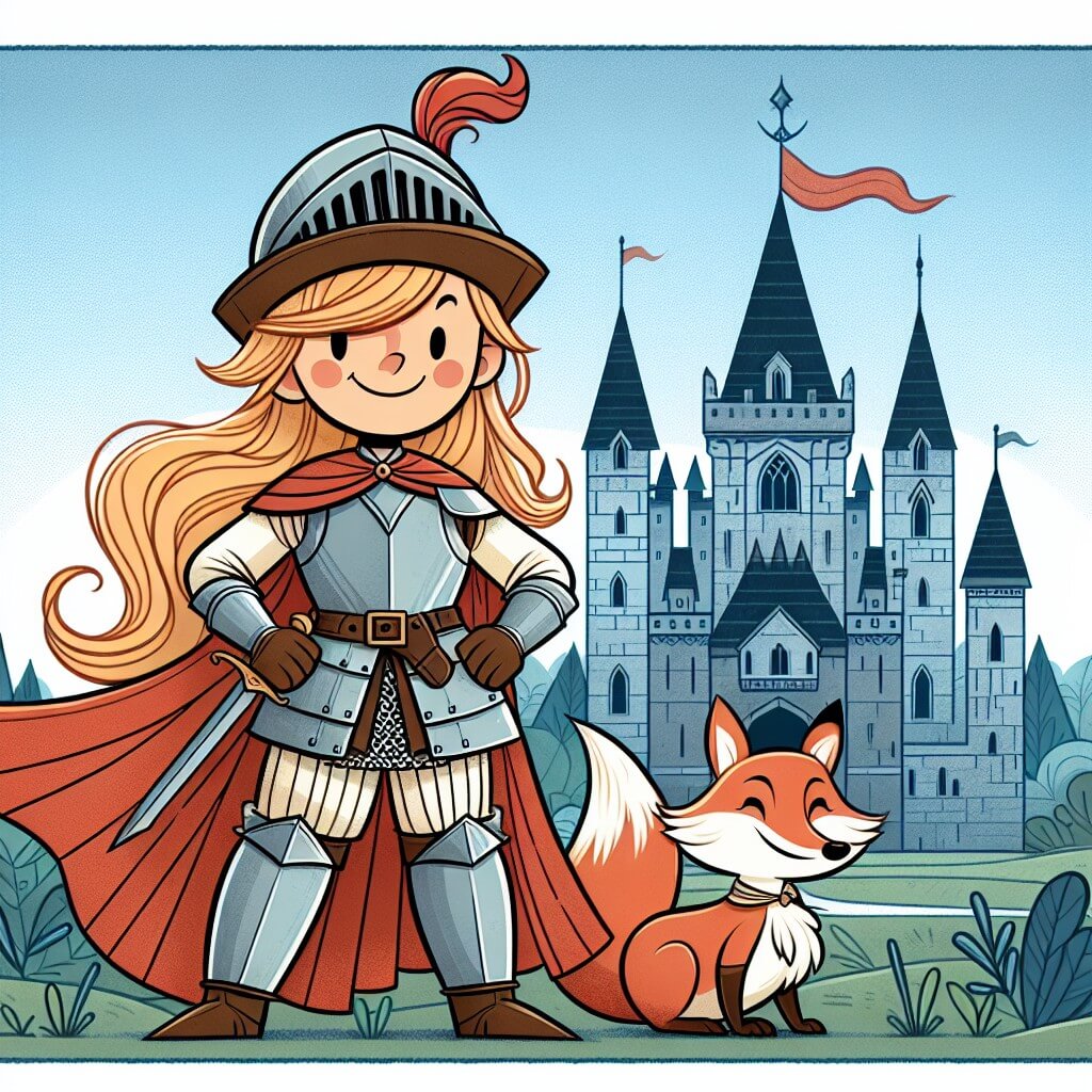Une illustration destinée aux enfants représentant une chevalière intrépide, accompagnée d'un renard malicieux, se tenant fièrement devant le majestueux château de Camelot, prête à affronter un tournoi légendaire.