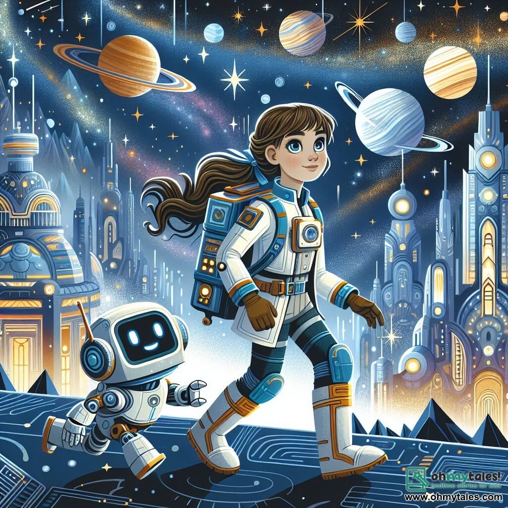 Une illustration destinée aux enfants représentant une jeune exploratrice intrépide, accompagnée de son fidèle robot compagnon, naviguant à travers un ciel étoilé parsemé de planètes lumineuses et de nébuleuses chatoyantes, dans la magnifique cité futuriste de Nova Prime.
