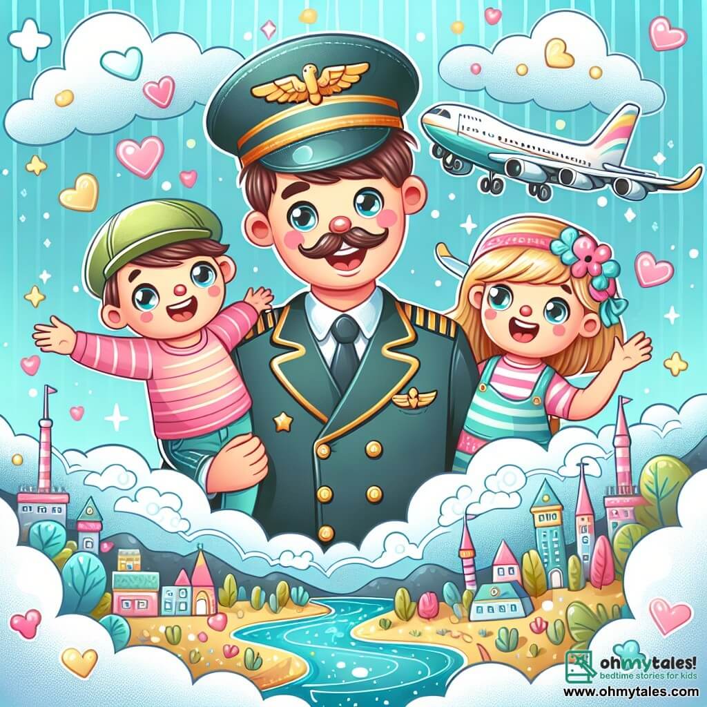 Une illustration destinée aux enfants représentant un pilote d'avion au grand cœur, deux enfants émerveillés à ses côtés, survolant des nuages moelleux et des lacs scintillants dans une ville aéroportuaire animée.