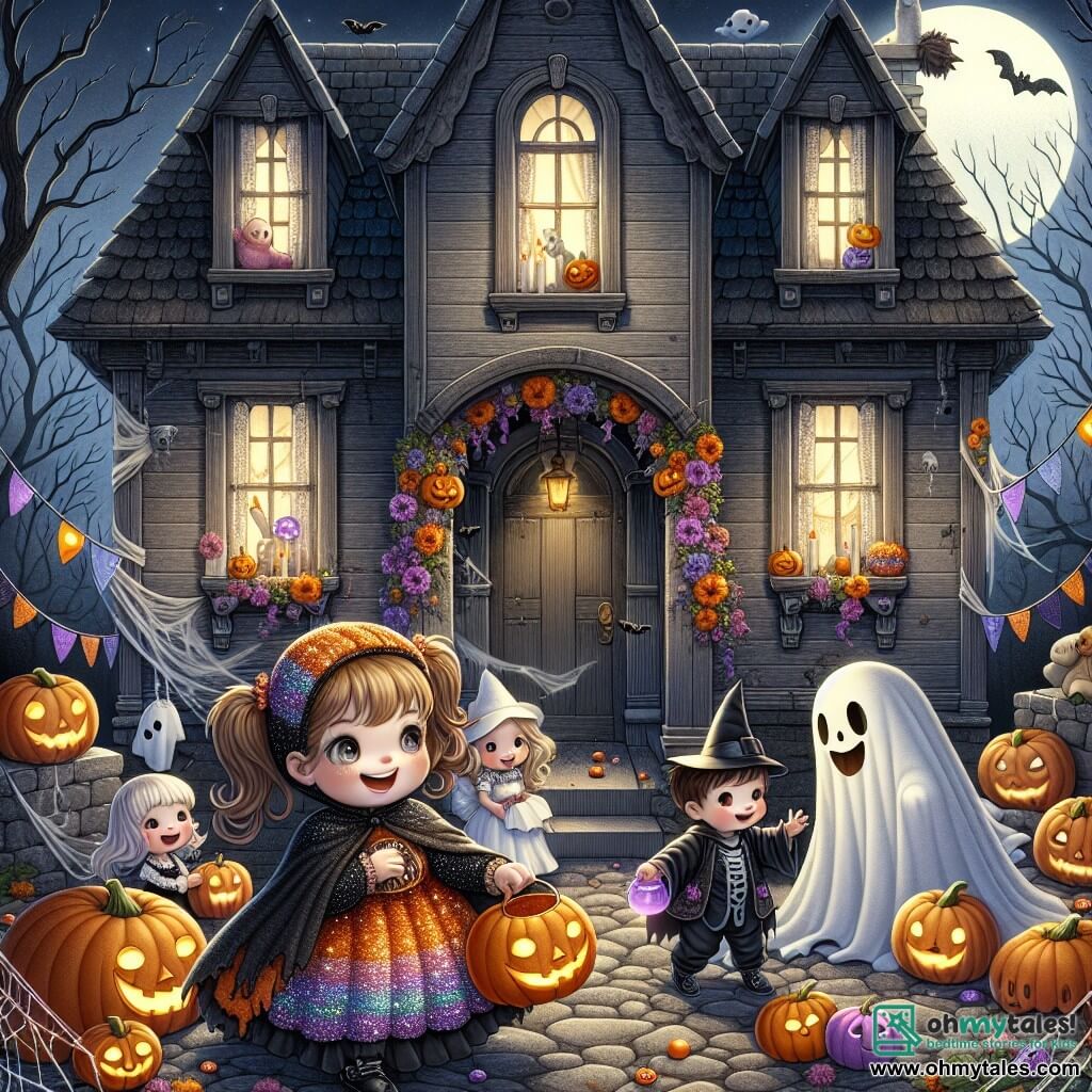 An illustration depicting a Halloween scene in an old, mysterious house. The large, slightly twisted house has gray wooden walls and windows shaped like sleepy eyes. Cobwebs decorate the corners, and a soft light emanates from a room inside, illuminating colorful Halloween decorations. In the center of the image, a 3-year-old girl with brown pigtails and a sparkling pumpkin costume smiles joyfully. She holds a small candy pot in her hands, her eyes shining with excitement. Next to her are two friends: a 4-year-old boy dressed as a friendly ghost in a white sheet with a big smile, and a 3-year-old girl dressed as a little witch with a pointed hat and a black dress, laughing while holding a magic wand. The scene shows the children playing in a room filled with Halloween decorations, surrounded by pumpkins with funny faces and bat garlands. Twinkling stars and a full moon illuminate the night through the window, creating a magical and festive atmosphere.