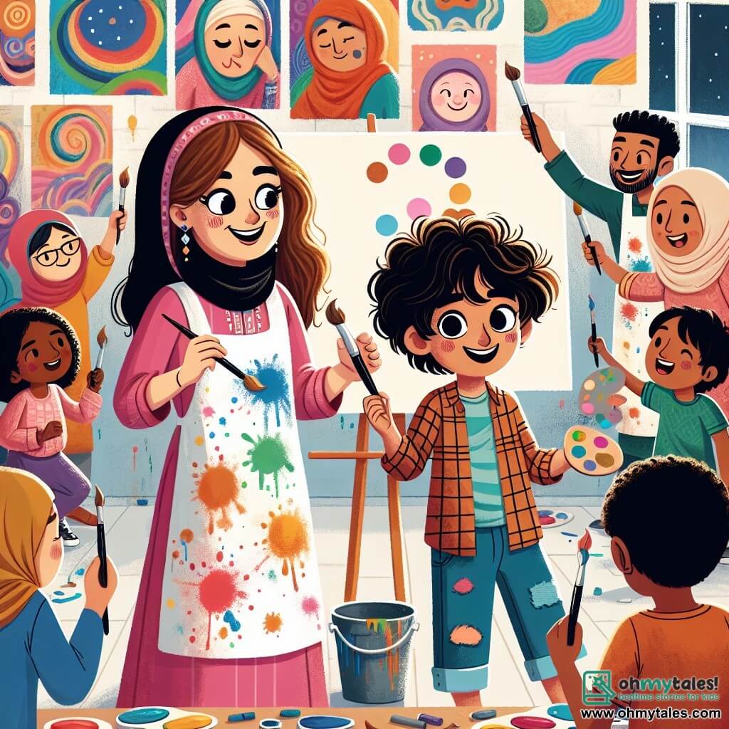 Une illustration sous forme de dessin destinée aux enfants représentant un studio d'art coloré, aux murs ornés de peintures vives, où une femme aux cheveux bouclés et aux yeux pétillants, vêtue d'un tablier éclaboussé de peinture, est en train de peindre un grand mural avec un jeune garçon aux cheveux ébouriffés, qui tient un pinceau avec enthousiasme, tandis qu'autour d'eux, des voisins de différentes origines, souriants et joyeux, apportent des idées et des couleurs pour célébrer la diversité de leur communauté.