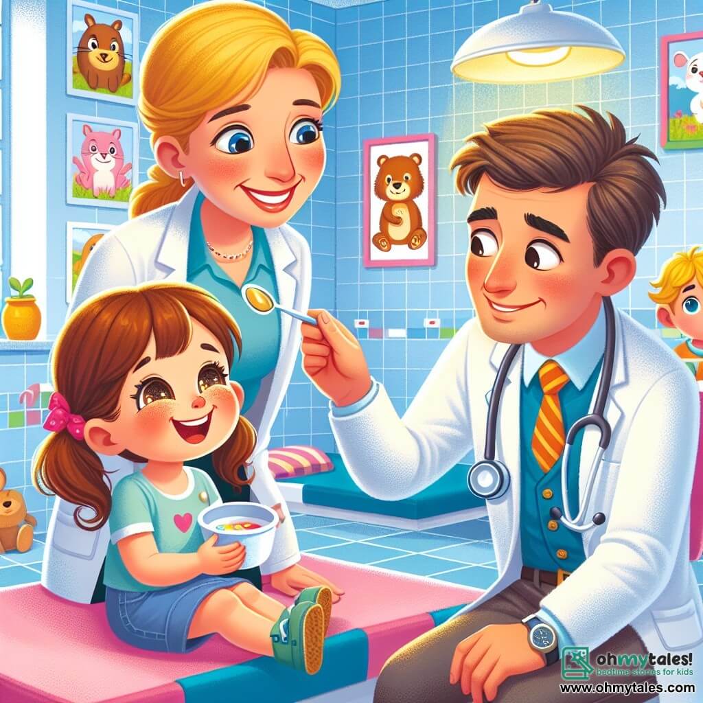 Une illustration sous forme de dessin destinée aux enfants représentant l'intérieur d'une clinique colorée et accueillante, avec des murs ornés de dessins d'animaux souriants, où un homme au sourire chaleureux, portant une blouse blanche et un stéthoscope, examine une petite fille aux cheveux bruns et aux yeux pétillants, qui se tient joyeusement avec une cuillère de médicament à la main, tandis qu'un garçon aux cheveux blonds et au visage inquiet, assis sur une chaise, observe la scène avec curiosité, illustrant un moment de réconfort et de soin dans une ambiance joyeuse et rassurante.