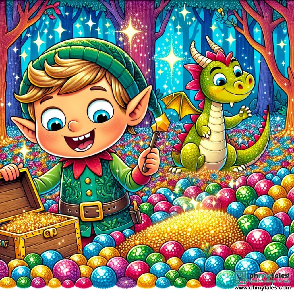 Une illustration destinée aux enfants représentant un lutin malicieux découvrant un trésor enchanté en compagnie d'un adorable dragon dans une forêt enchantée scintillante de mille couleurs.