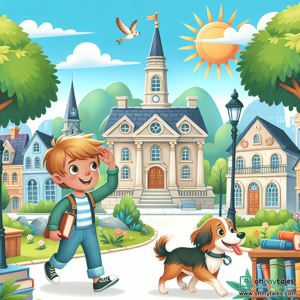 Une illustration destinée aux enfants représentant un jeune garçon curieux et aventurier, accompagné de son fidèle chien, résolvant des mystères captivants dans une petite ville ensoleillée, où se trouve une bibliothèque ancienne entourée d'arbres majestueux.