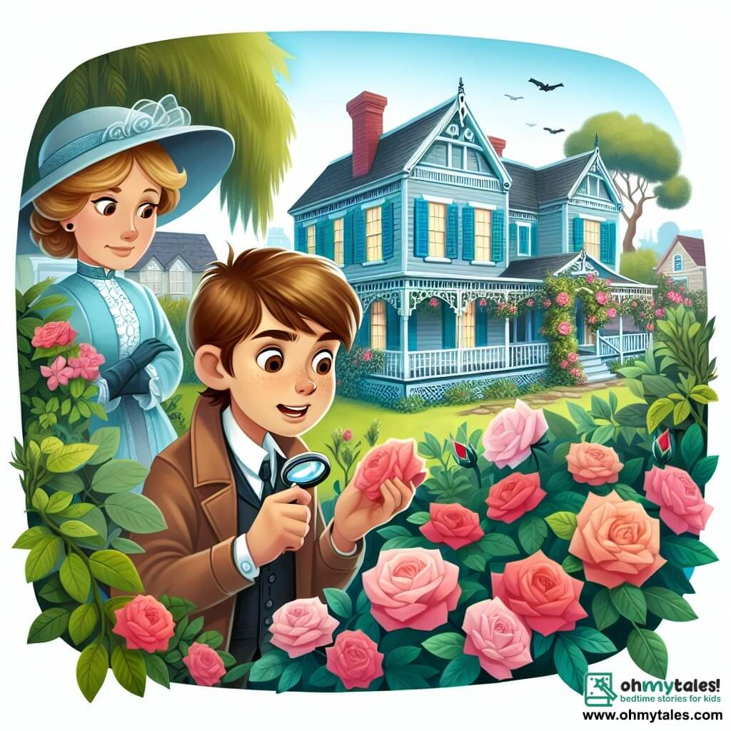Une illustration destinée aux enfants représentant un jeune garçon détective passionné, résolvant le mystère de la disparition d'un collier précieux avec l'aide d'une dame élégante dans une maison victorienne aux volets bleus, entourée de roses grimpantes et de haies bien taillées, dans la ville paisible de Willow Creek.