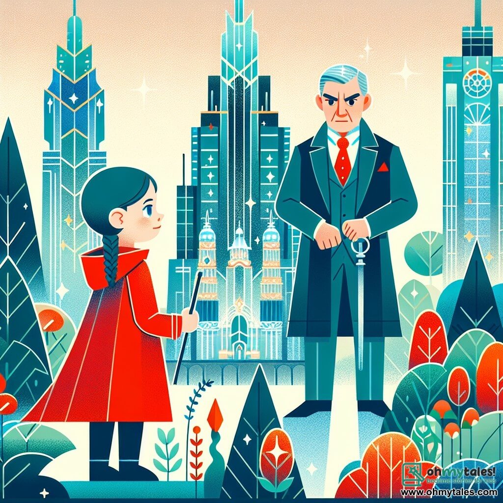 Une illustration destinée aux enfants représentant une jeune fille courageuse au manteau écarlate affrontant un maire louvoyant en costume, dans un village futuriste mêlant gratte-ciel scintillants et forêts luxuriantes.