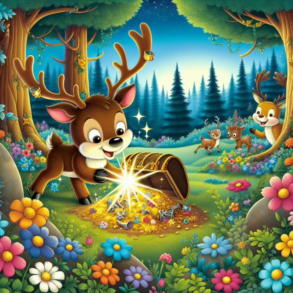 Une illustration destinée aux enfants représentant un renne facétieux découvrant un mystérieux trésor avec l'aide de ses amis animaux dans une forêt enchantée remplie de fleurs colorées, de grands arbres majestueux et d'un ciel bleu éclatant.