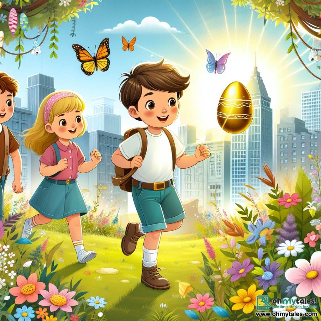 Une illustration destinée aux enfants représentant un garçon curieux et aventureux, accompagné de ses amis, une fille et un garçon, partant à la recherche d'un œuf de Pâques doré, dans une ville ensoleillée remplie de fleurs colorées et de papillons virevoltants.