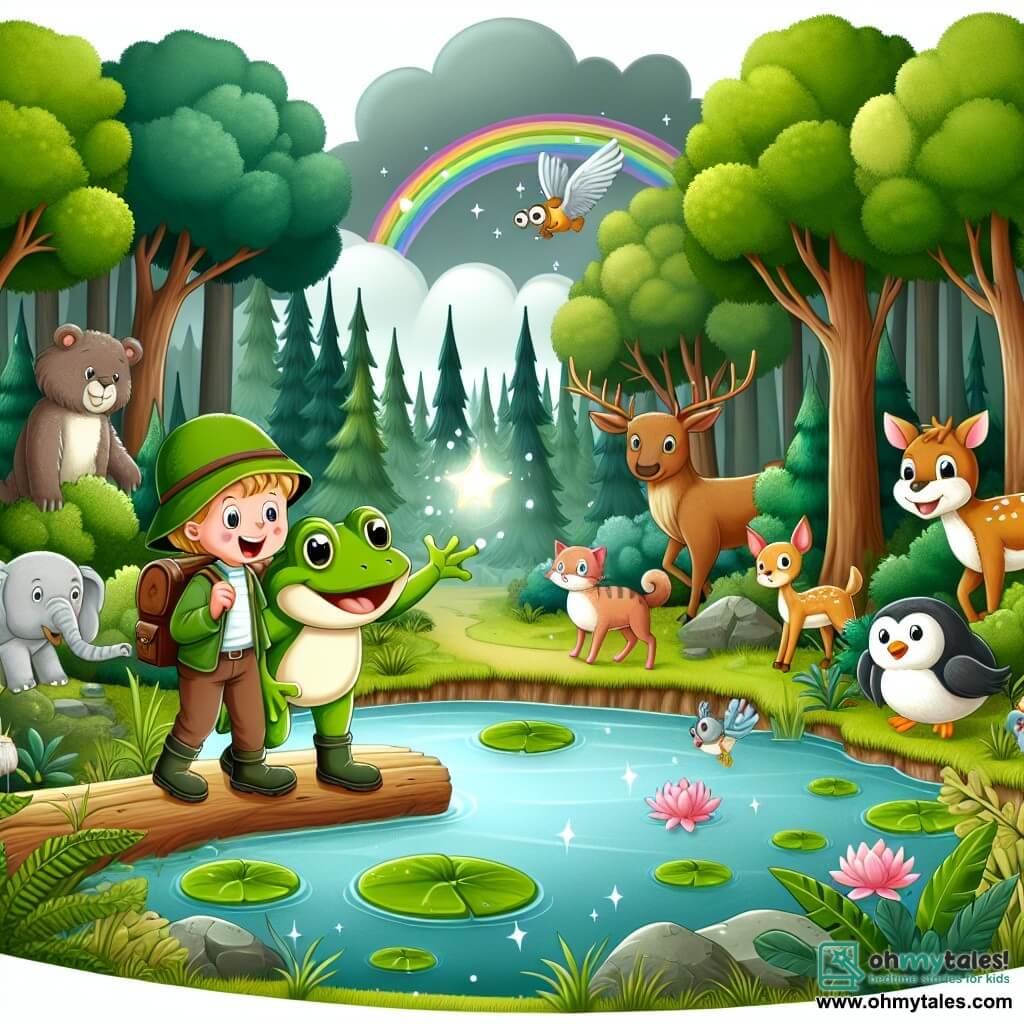 Une illustration destinée aux enfants représentant une charmante grenouille aventurière se trouvant dans une magnifique forêt luxuriante, accompagnée d'animaux enchantés, près d'un étang magique.