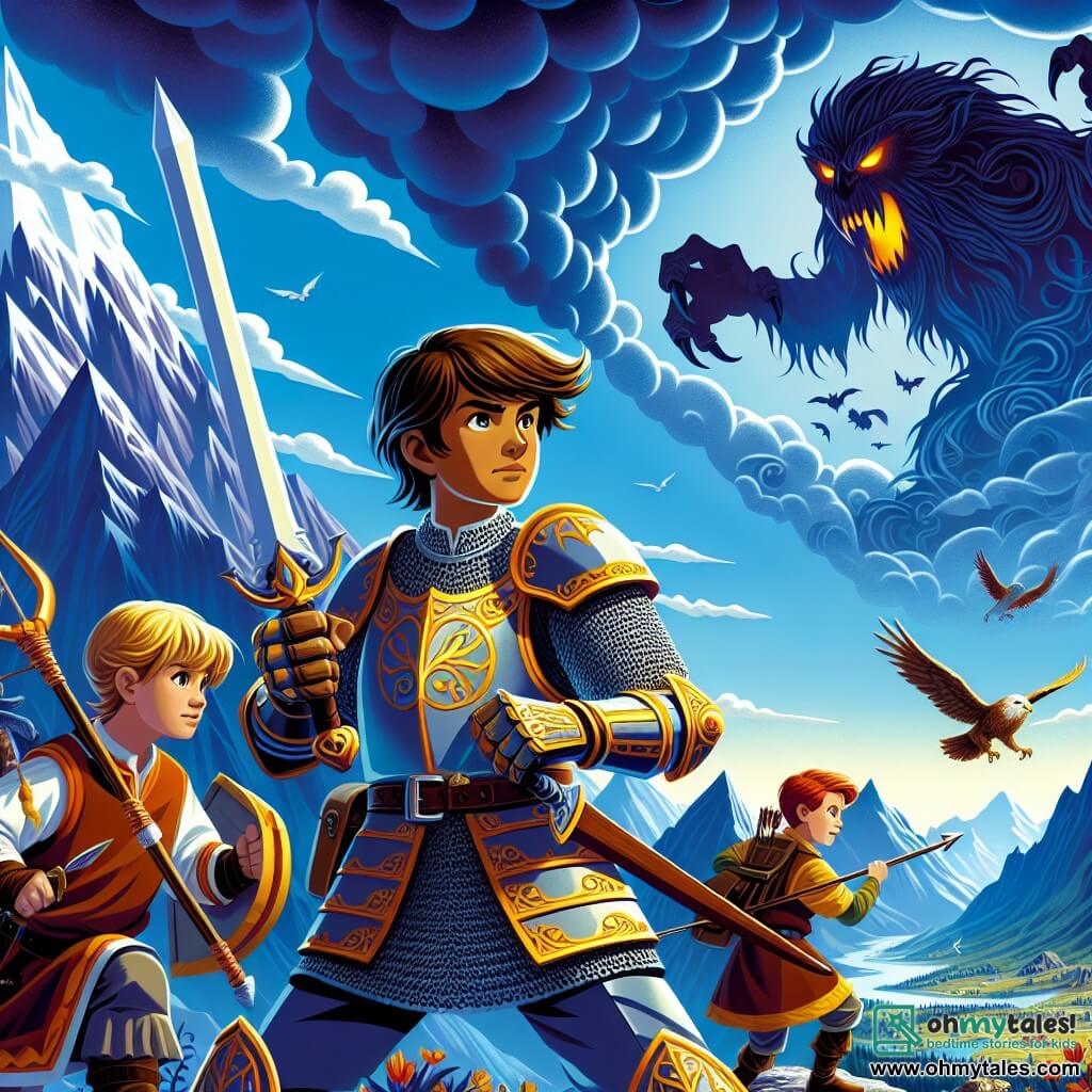 Une illustration sous forme de dessin destinée aux enfants représentant un vaste paysage montagneux sous un ciel bleu éclatant, où un jeune chevalier aux cheveux bruns et aux yeux déterminés, vêtu d'une armure brillante, brandit fièrement son épée tout en faisant face à un énorme monstre d'ombre rugissant, tandis que deux de ses amis, une fille aux cheveux longs et blonds portant un arc et un garçon aux cheveux courts et roux maniant un marteau, se tiennent à ses côtés, prêts à l'aider dans cette bataille épique pour protéger leur royaume.