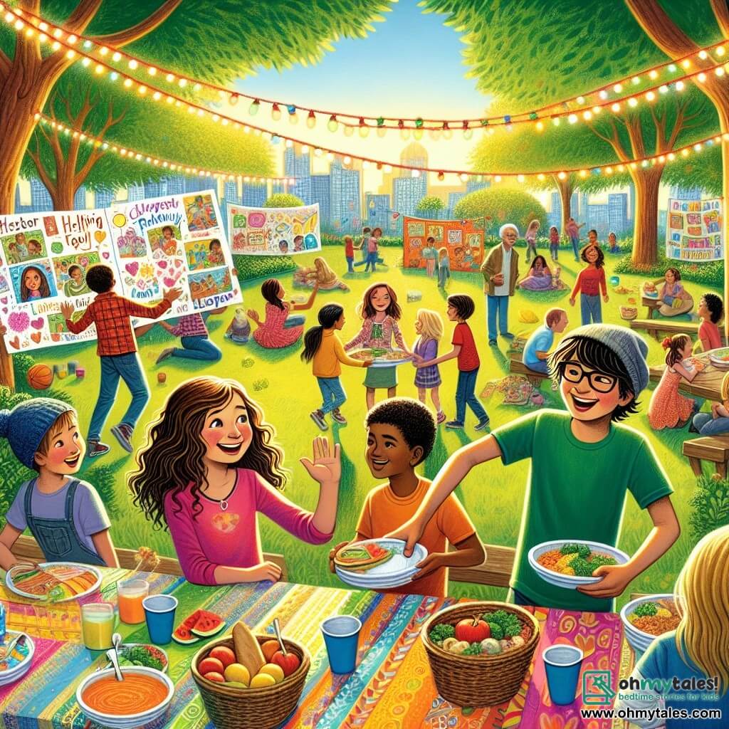 An illustration depicting a vibrant scene in a sunny park, where colorful tables are set with cheerful patterned tablecloths. Lush green trees surround the area, and strings of twinkling lights hang above the tables, creating a warm and welcoming atmosphere. In the foreground, a twelve-year-old girl with wavy brown hair smiles joyfully while holding a large colorful sign featuring children's drawings and encouraging words about helping each other. Next to her, a tall, thin twelve-year-old boy with glasses and brown hair distributes plates of food to the gathered families. Another twelve-year-old boy with black hair and a cap is busy drawing on a large sheet of paper, illustrating scenes of sharing and solidarity. The main situation shows a community united around a shared meal, where families from different backgrounds come together to talk, laugh, and share stories. Children play nearby while adults hold hands, symbolizing unity and mutual support. Baskets of food and colorful posters about poverty and assistance are visible, adding depth to this lively and hopeful illustration.