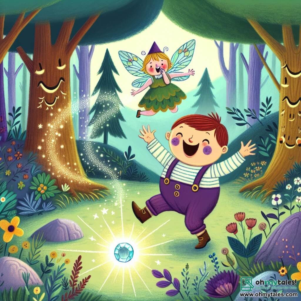 Une illustration sous forme de dessin destinée aux enfants représentant une clairière enchantée dans les Whispering Woods, où un drôle de monstre aux grandes taches violettes et au ventre rond, un garçon joyeux, saute de joie en découvrant une pierre précieuse brillante au centre, tandis qu'une petite fée aux ailes scintillantes comme un arc-en-ciel, une fille pétillante, vole autour de lui en riant, et des arbres aux visages amicaux murmurent des mots doux, créant une atmosphère magique et joyeuse, remplie de rires et de lumière.