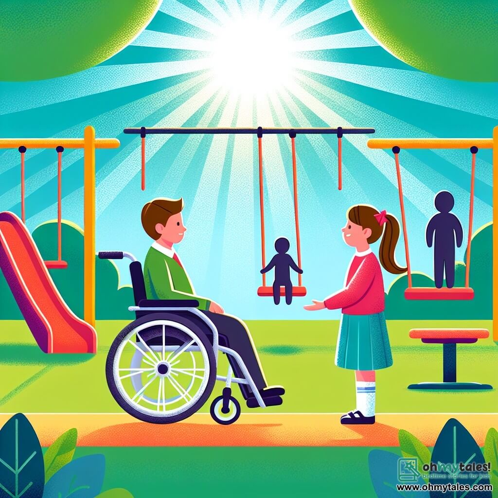 Une illustration destinée aux enfants représentant une fille curieuse rencontrant une nouvelle amie en fauteuil roulant dans un parc ensoleillé rempli de balançoires et de toboggans colorés.