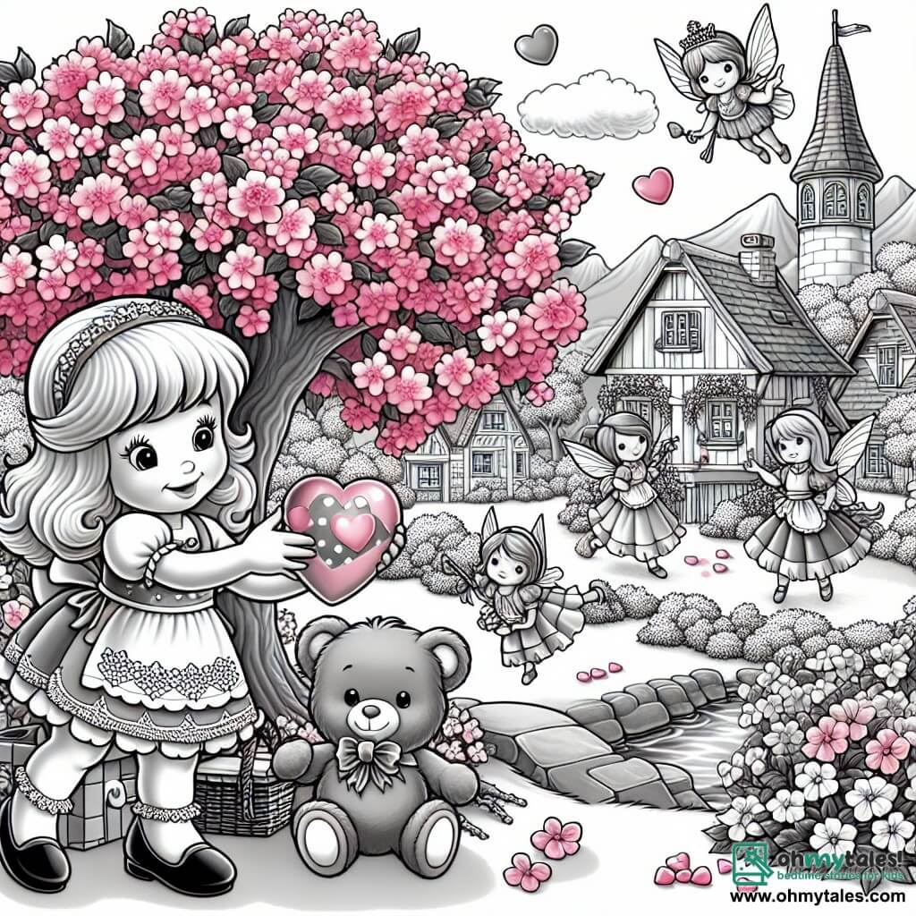 Une illustration destinée aux enfants représentant une fillette pleine de vie préparant une surprise de Saint-Valentin pour sa meilleure amie, accompagnée de son fidèle ours en peluche, dans la ville pittoresque de Cherry Blossom Valley, où des fées roses enchantées dansent autour d'un arbre de cerisiers en fleurs.