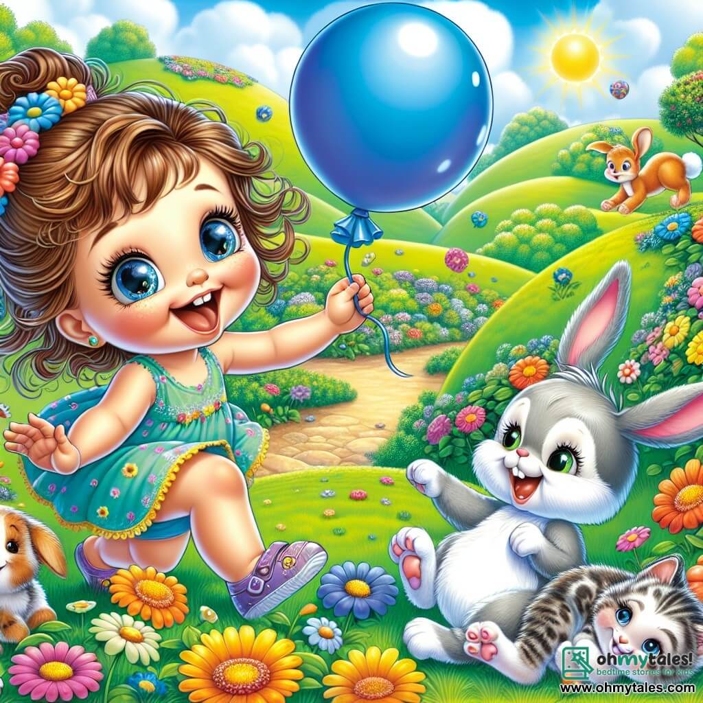An illustration depicts a sunny and colorful landscape of Giggle Grove, featuring lush hills, vibrant flowers, and a blue sky dotted with fluffy clouds. In the center, a 1-year-old girl with sparkling big eyes and curly hair joyfully laughs while holding a shiny blue balloon that bounces. Beside her, a small rabbit with large ears and soft, fluffy fur tries to jump after the balloon but stumbles over its own paws. Nearby, a silky-furred kitten with white and gray spots lies on the ground surrounded by flowers, playing with petals. The scene captures the moment when the little girl and her friends are having fun together, filled with laughter and joy, as the balloon bounces happily in the air. Bursts of laughter and bright colors add a touch of magic and humor to this enchanted scene.