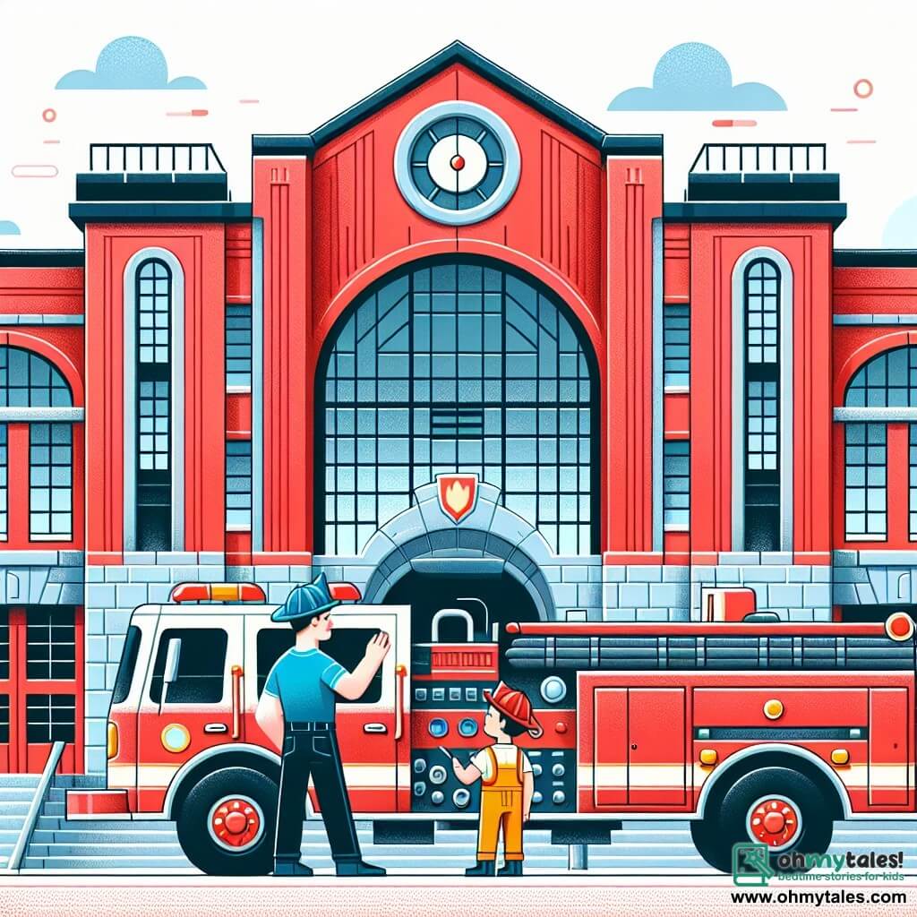 Une illustration destinée aux enfants représentant un jeune garçon en train de visiter une caserne de pompiers avec son père, un pompier courageux, dans une grande et rouge bâtisse ornée d'un haut camion de pompiers brillant.