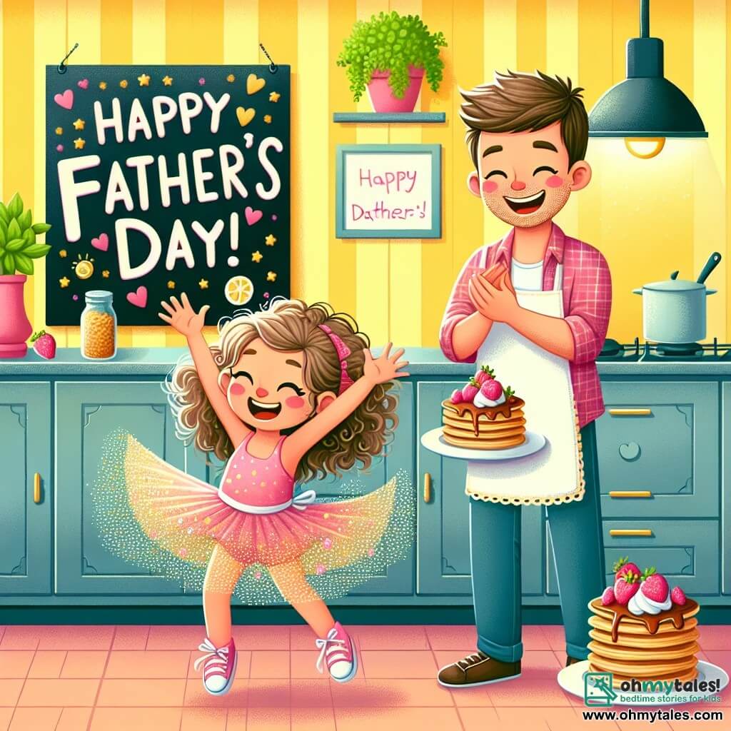 Une illustration sous forme de dessin destinée aux enfants représentant une cuisine lumineuse avec des murs peints en jaune, où une fille de 6 ans aux cheveux bouclés et aux yeux pétillants danse joyeusement en portant une tutu scintillant, tandis qu'un homme souriant, avec des cheveux bruns et une barbe légère, se tient à côté d'elle, riant et applaudissant, alors qu'ils préparent ensemble des pancakes décorés de fraises pour célébrer la fête des pères, avec un grand poster coloré "Joyeuse fête des pères !" accroché sur le mur en arrière-plan.
