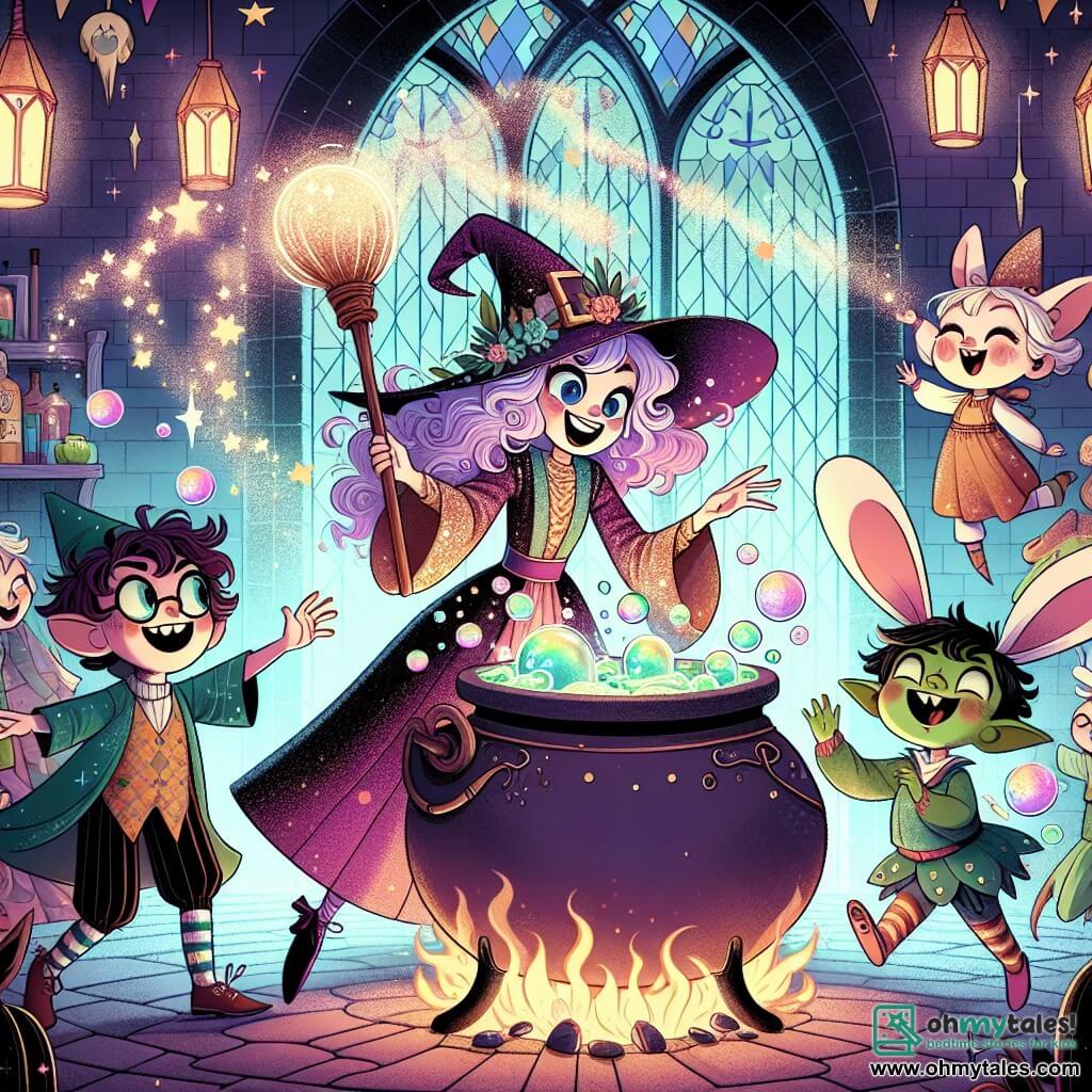 Une illustration sous forme de dessin destinée aux enfants représentant l'intérieur coloré et magique de l'Académie Sparklesworth, avec une jeune sorcière aux cheveux bouclés et violets, portant une robe scintillante et un chapeau pointu, en train de concocter une potion pétillante dans un grand chaudron, tandis qu'un gobelin joyeux aux chaussettes dépareillées et une petite sorcière lapin aux grandes oreilles sautent autour d'elle, riant et dansant, alors qu'une explosion de rires enchantés remplit l'air, illustrant le moment où la sorcière crée accidentellement un sort de rire contagieux.