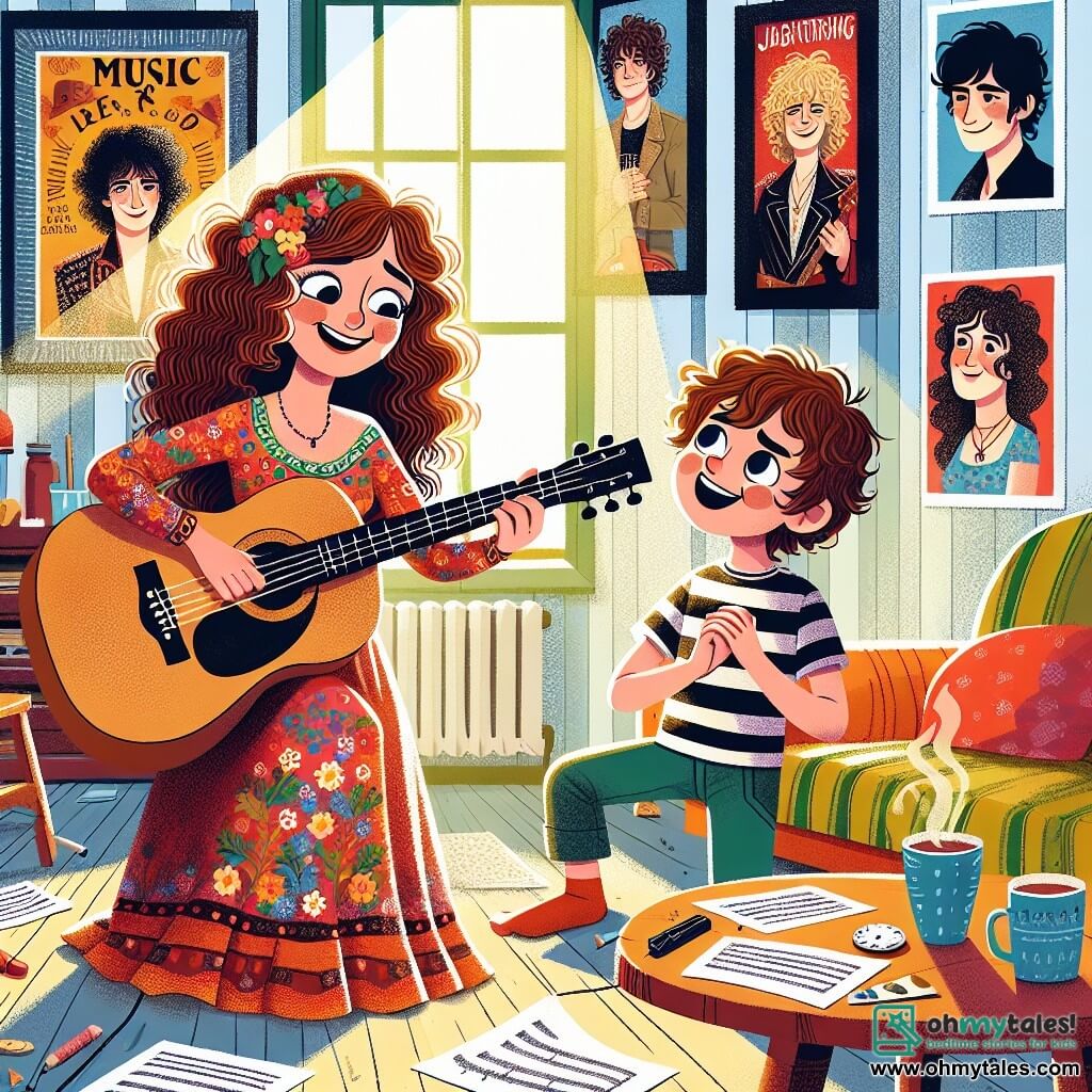 Une illustration sous forme de dessin destinée aux enfants représentant un charmant salon ensoleillé avec des murs décorés de posters de musiciens célèbres, où une femme aux cheveux bouclés châtain, vêtue d'une robe colorée, joue de la guitare avec un grand sourire, tandis qu'un garçon aux yeux pétillants et aux cheveux ébouriffés, vêtu d'un t-shirt rayé, l'observe avec émerveillement, tous deux plongés dans l'écriture d'une chanson joyeuse sur la musique et l'amitié, entourés de feuilles de papier éparpillées et d'une tasse de thé fumante sur la table.