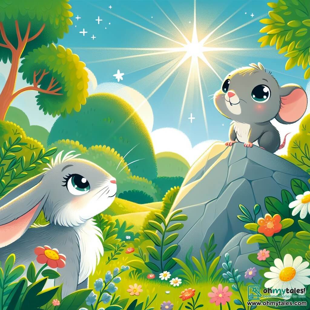 Une illustration sous forme de dessin destinée aux enfants représentant une charmante prairie verdoyante baignée de lumière, où une petite souris grise aux yeux pétillants se tient courageusement sur une pierre, levant la tête vers une étoile brillante dans le ciel, tandis qu'un lapin aux grandes oreilles, aux poils doux et au regard inquiet, l'observe de près, le tout entouré de fleurs colorées et d'arbres majestueux, capturant l'instant où la souris décide de partir à l'aventure pour réaliser son vœu de courage.