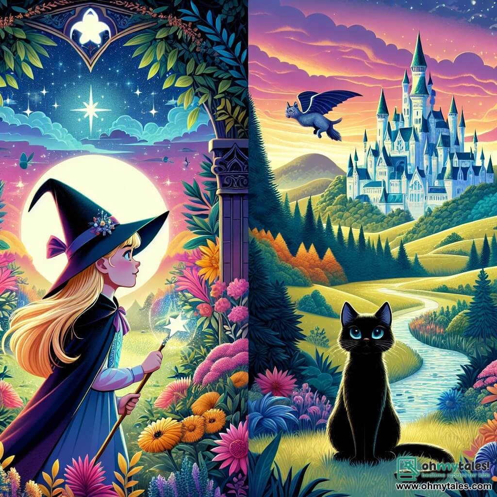 Une illustration destinée aux enfants représentant une jeune sorcière découvrant un pouvoir magique mystérieux dans une forêt enchantée, accompagnée de son fidèle chat noir, dans un château majestueux aux tours scintillantes, surplombant un paysage vallonné et coloré de l'Académie Enchantée.