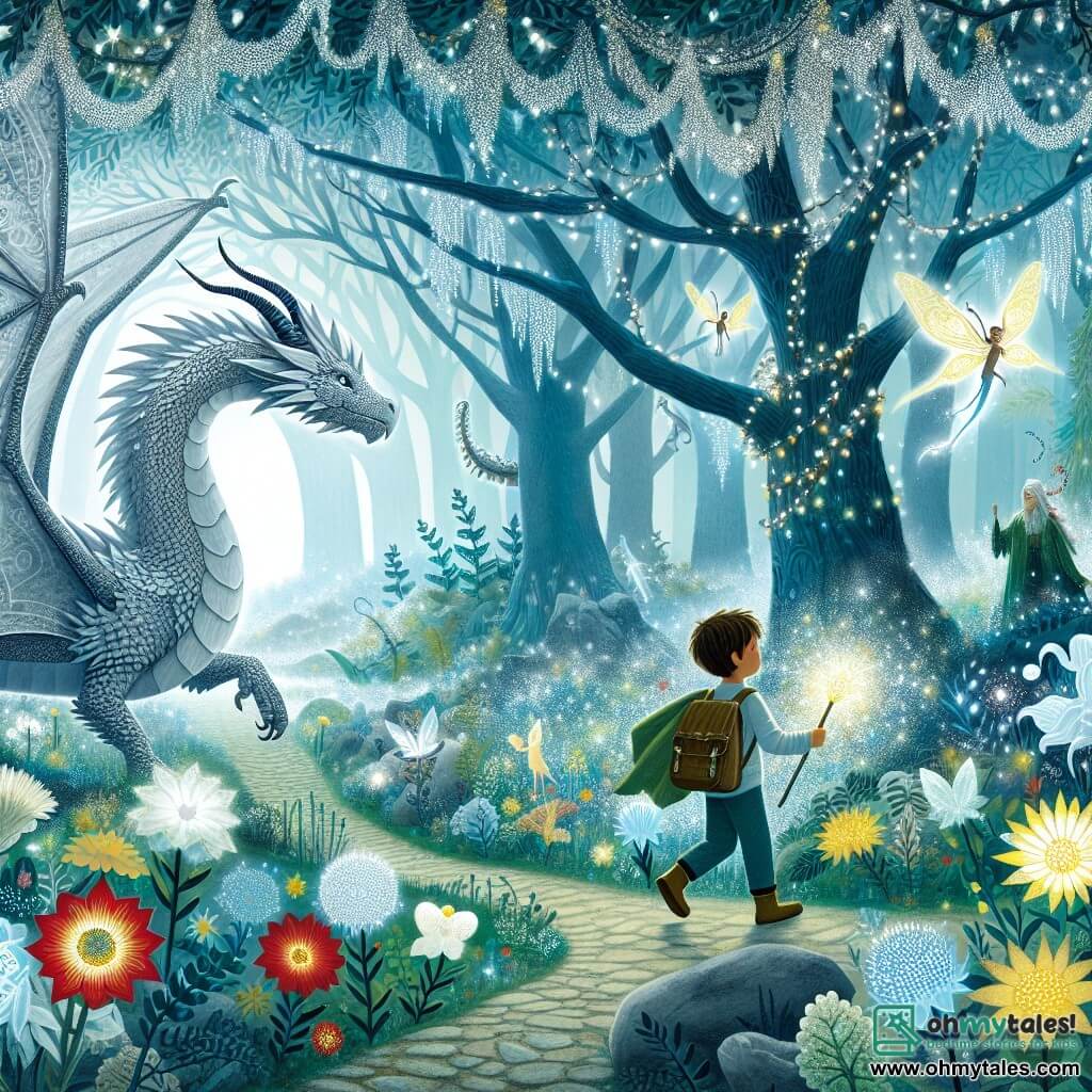 Une illustration destinée aux enfants représentant un majestueux dragon argenté, accompagné d'un jeune garçon, explorant une mystérieuse forêt enchantée, remplie de fleurs lumineuses, d'arbres géants aux branches ornées de joyaux étincelants, et de fées aux ailes chatoyantes.