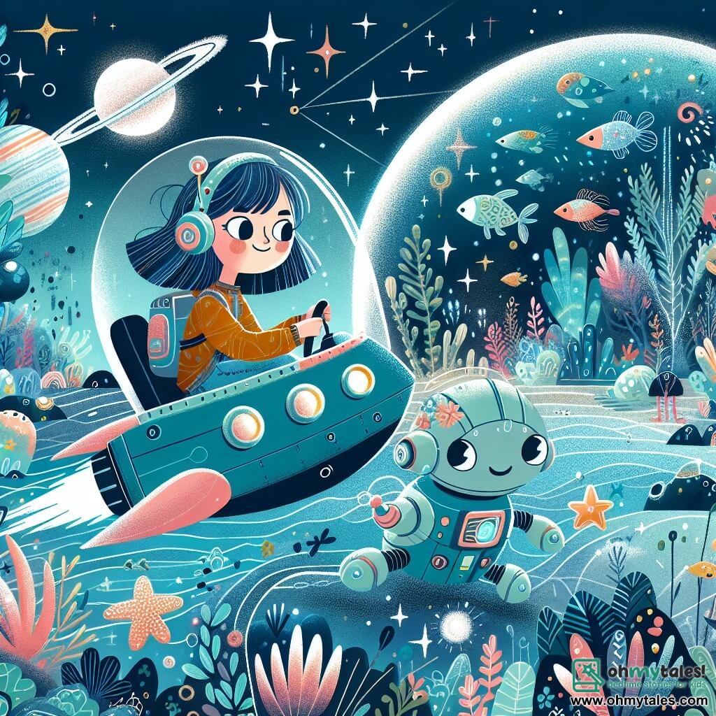 Une illustration destinée aux enfants représentant une jeune femme courageuse pilotant un vaisseau spatial futuriste, accompagnée de son fidèle robot Aqua, explorant une planète luxuriante aux océans scintillants et aux créatures mystérieuses, dans un univers de science-fiction captivant.