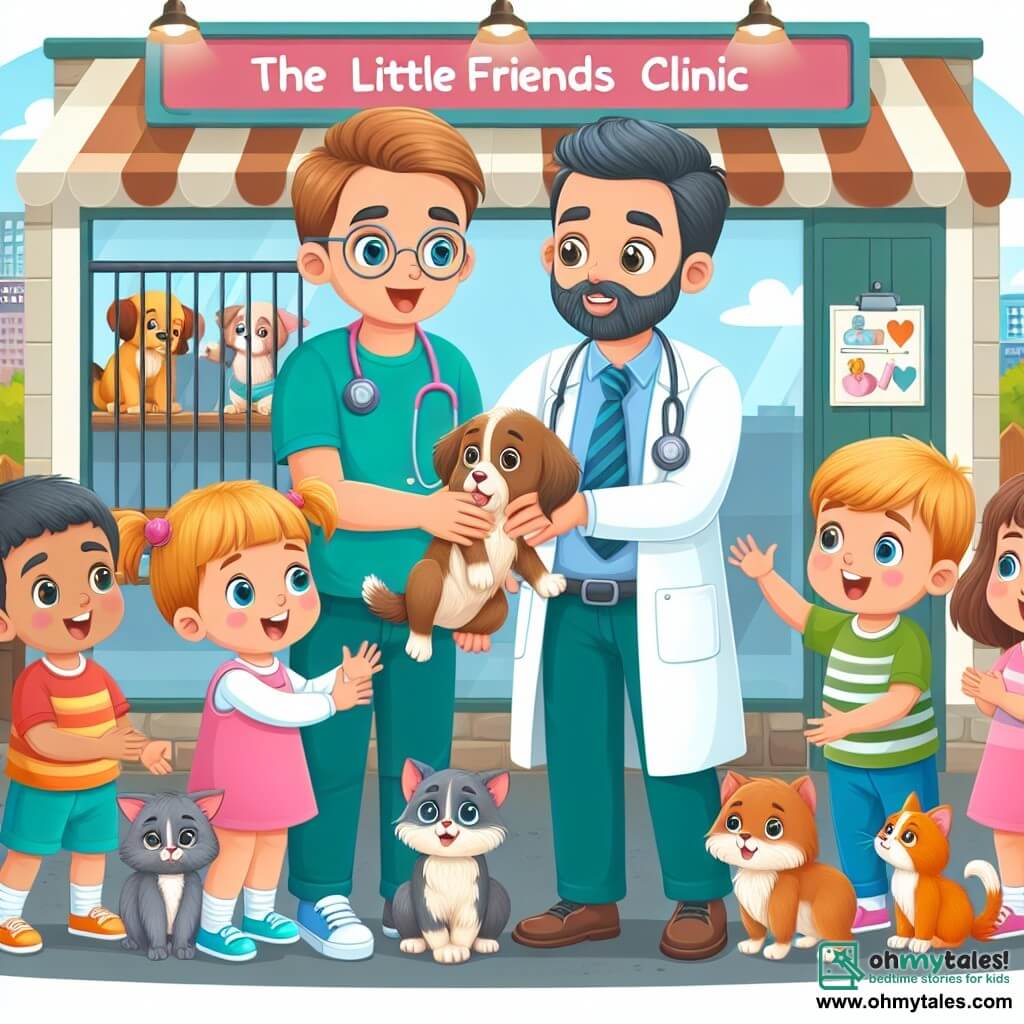 Une illustration destinée aux enfants représentant un homme vétérinaire bienveillant s'occupant d'animaux blessés avec l'aide de jeunes enfants curieux et enthousiastes dans une animalerie colorée et chaleureuse nommée "La Clinique des Petits Amis" au cœur de la ville de Green Hills.