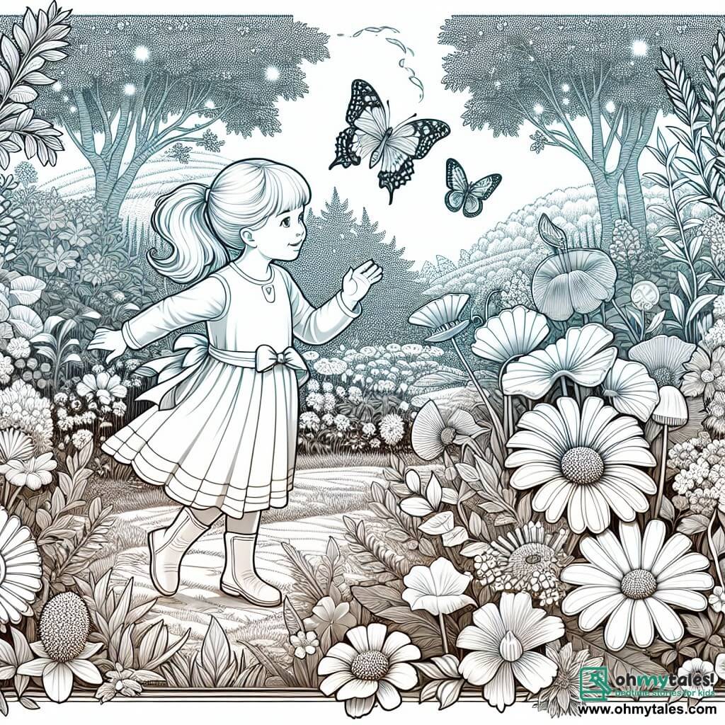 Une illustration destinée aux enfants représentant une jeune fille curieuse et aventureuse, accompagnée d'un petit papillon, dans un magnifique jardin rempli de fleurs colorées, où ils partagent des moments magiques ensemble.