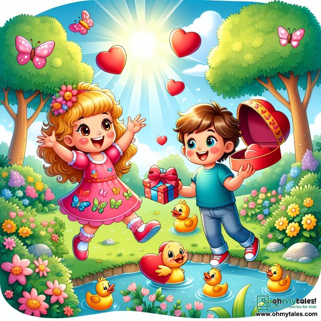 Une illustration sous forme de dessin destinée aux enfants représentant un parc ensoleillé avec des arbres verdoyants et des fleurs colorées, où une fille de 6 ans aux cheveux bouclés et dorés, portant une robe rose ornée de papillons, est en train de sauter de joie en tenant un grand carton rouge décoré de cœurs, tandis qu'un garçon de 6 ans au sourire éclatant et aux cheveux bruns, vêtu d'un t-shirt bleu, l'observe avec émerveillement, entourés de petits canards jaunes qui nagent joyeusement dans un étang, illustrant leur aventure de chasse au trésor pour la Saint-Valentin.