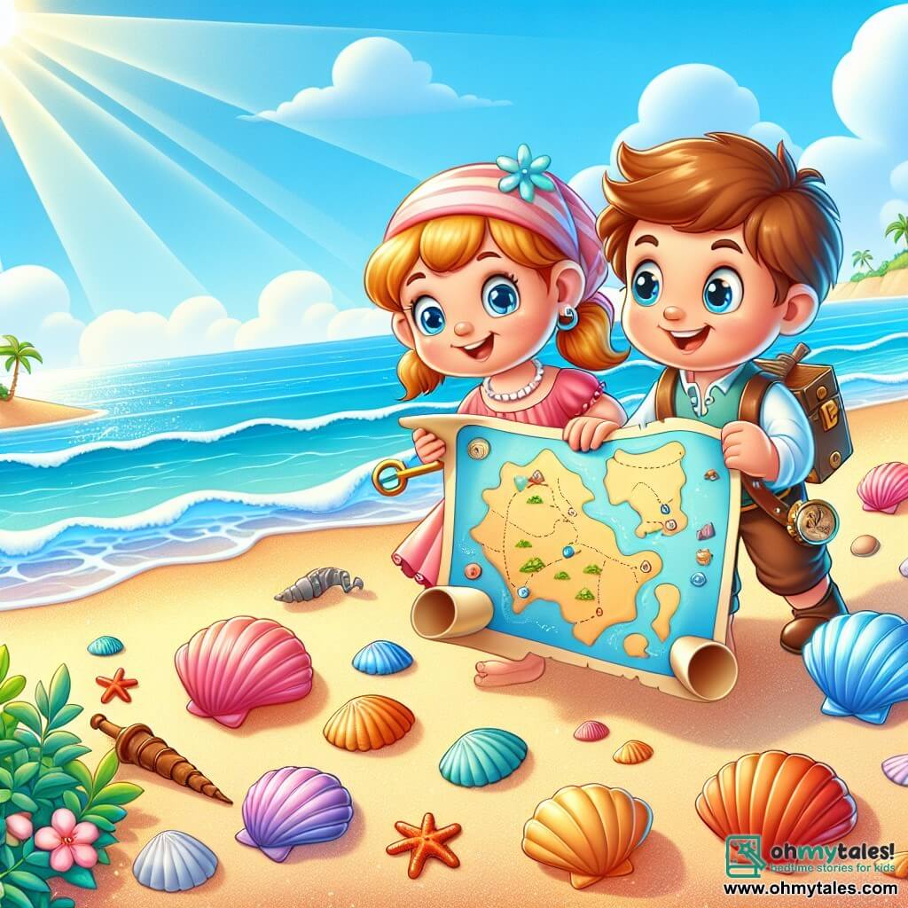 Une illustration destinée aux enfants représentant une petite fille courageuse découvrant une carte au trésor sur une plage ensoleillée, accompagnée de son ami garçon astucieux, avec des vagues douces et des coquillages colorés parsemant le sable fin, surplombée par un ciel d'un bleu éclatant.