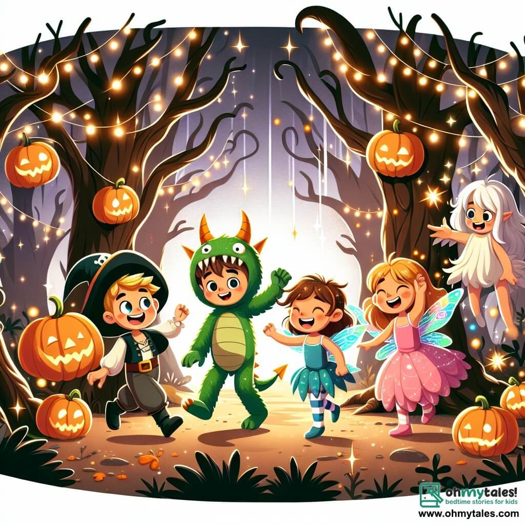 Une illustration sous forme de dessin destinée aux enfants représentant une forêt enchantée d'Halloween, avec des arbres aux branches tordues et des lumières scintillantes, où un groupe d'enfants de 7 ans, comprenant deux garçons déguisés en pirate et en dragon, et deux filles en fée étincelante et en fantôme amical, dansent joyeusement autour de petites citrouilles lumineuses tout en aidant un petit monstre aux grandes oreilles et aux yeux brillants à retrouver ses amis perdus, créant une ambiance magique et festive.