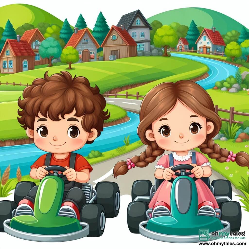 Une illustration destinée aux enfants représentant un garçon aux cheveux bruns bouclés faisant la course en go-kart avec une fille aux longues tresses dans une petite ville pittoresque entourée de collines verdoyantes et de ruisseaux babillards.