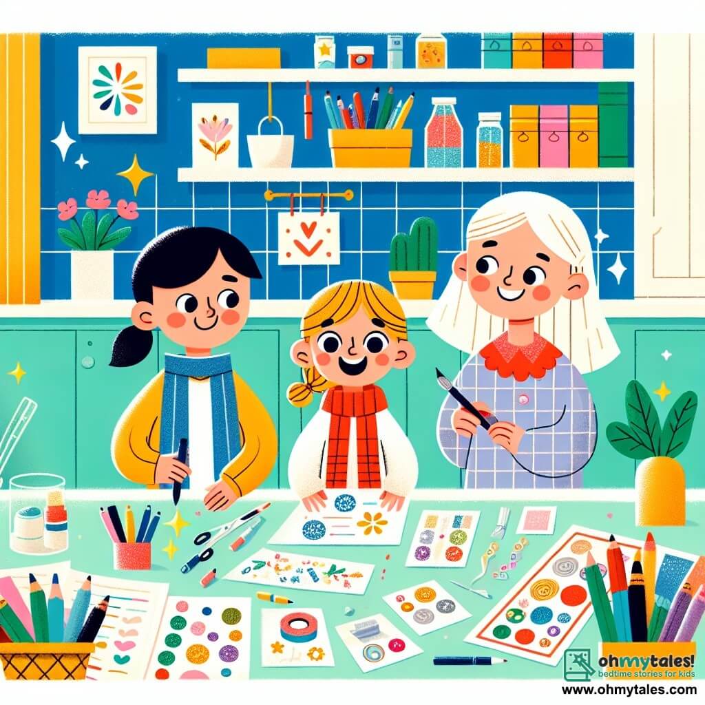 Une illustration destinée aux enfants représentant une fillette créative et joyeuse préparant une surprise pour son père avec l'aide bienveillante de sa maman, dans une cuisine lumineuse remplie de papiers colorés, de stickers étincelants et de feutres scintillants.