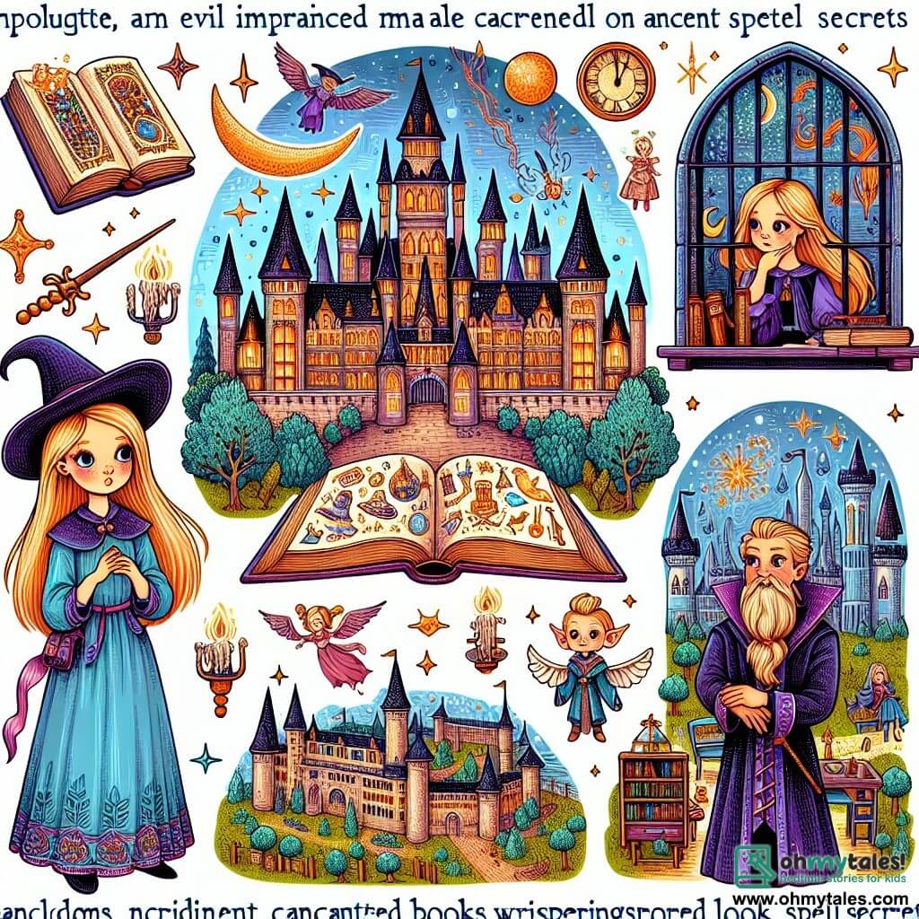 Une illustration destinée aux enfants représentant une jeune apprentie sorcière, un maléfique sorcier emprisonné, et un prestigieux académie de sorcellerie ornée de tours scintillantes, de jardins enchantés et de salles de classe remplies de livres anciens chuchotant des secrets de sorts.