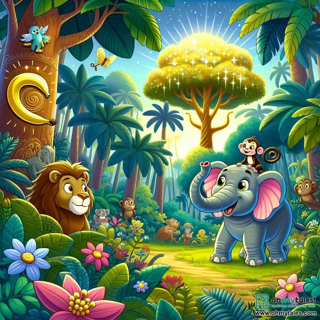 Une illustration sous forme de dessin destinée aux enfants représentant une jungle magique, avec des arbres majestueux aux feuilles vibrantes et des fleurs colorées, où un grand éléphant gris aux oreilles roses, joyeusement déterminé, se tient au centre, levant sa trompe vers un magnifique bananier scintillant, tandis qu'un petit singe curieux aux yeux pétillants est perché sur son dos, et un lion à la crinière dorée, souriant, les observe avec amusement, tous unis dans leur quête pour atteindre le légendaire Banane d'Or qui brille au soleil.