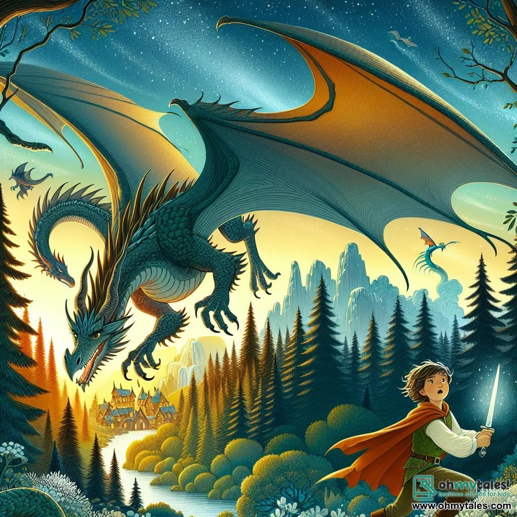 Une illustration destinée aux enfants représentant un dragon majestueux, volant au-dessus d'une forêt enchantée, accompagné d'un jeune garçon courageux, dans une quête pour sauver leur village menacé par un dragon maléfique.