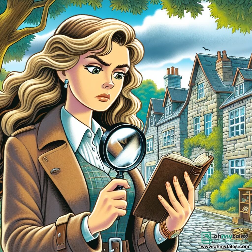 Une illustration destinée aux enfants représentant une femme détective déterminée, avec sa loupe et son carnet, enquêtant sur la mystérieuse disparition d'une bibliothécaire, avec l'aide d'un groupe secret appelé "La Société des Énigmes", dans la pittoresque ville de Crestville, où les maisons en pierre bordent une rue pavée bordée d'arbres majestueux.