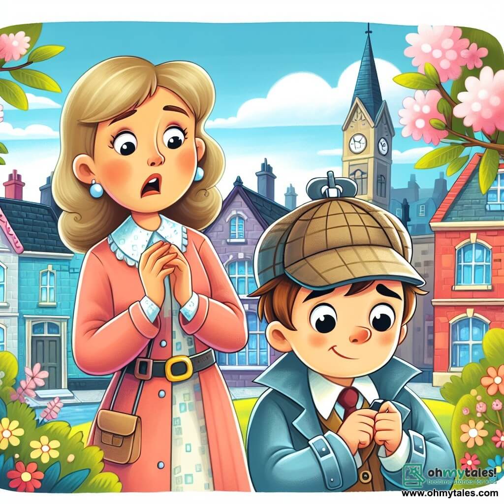 Une illustration destinée aux enfants représentant un détective malin, un garçon, résolvant un mystère avec l'aide d'une mère inquiète, une femme, dans une ville pittoresque avec des maisons colorées et des arbres en fleurs.