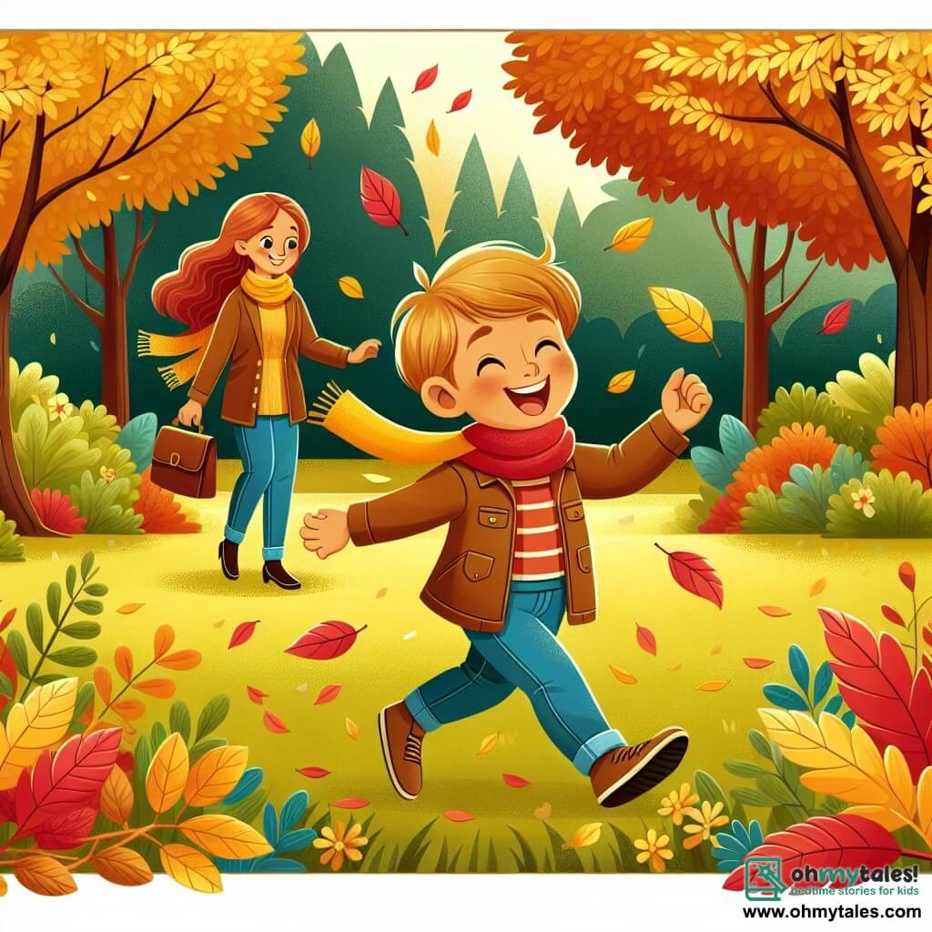 Une illustration destinée aux enfants représentant un garçon, accompagné de sa mère, marchant joyeusement dans un parc aux arbres aux feuilles dorées et rouges, éparpillées sur le sol, alors qu'une brise fraîche d'automne souffle doucement.