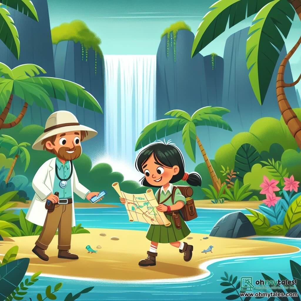Une illustration destinée aux enfants représentant une jeune exploratrice intrépide découvrant une carte mystérieuse, accompagnée d'un scientifique bienveillant, sur une île luxuriante avec des cascades scintillantes et une faune colorée.