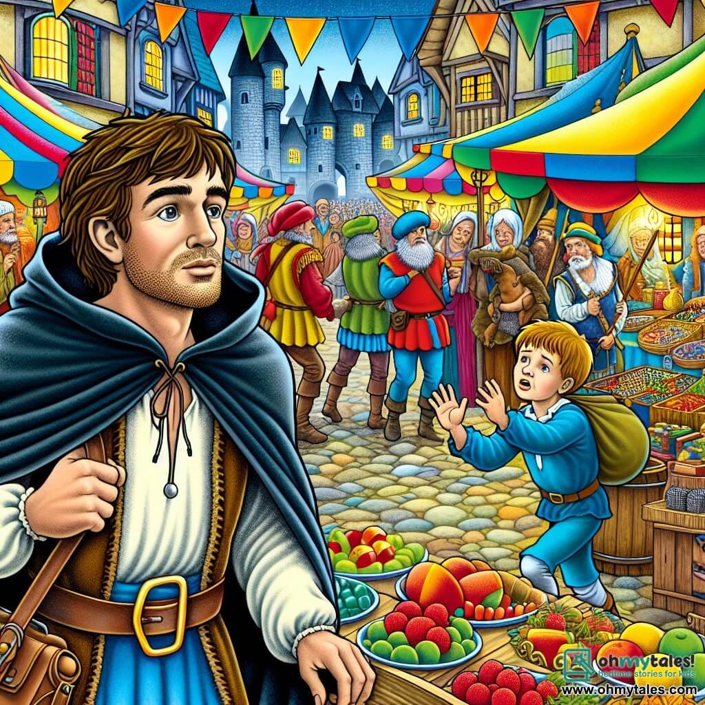 Une illustration destinée aux enfants représentant un homme curieux et aventureux, se retrouvant transporté dans un marché médiéval animé, où il fait la rencontre d'un jeune garçon désespéré, entouré d'étals colorés remplis de marchands et de jongleurs, au cœur de la pittoresque ville de Willowbrook.