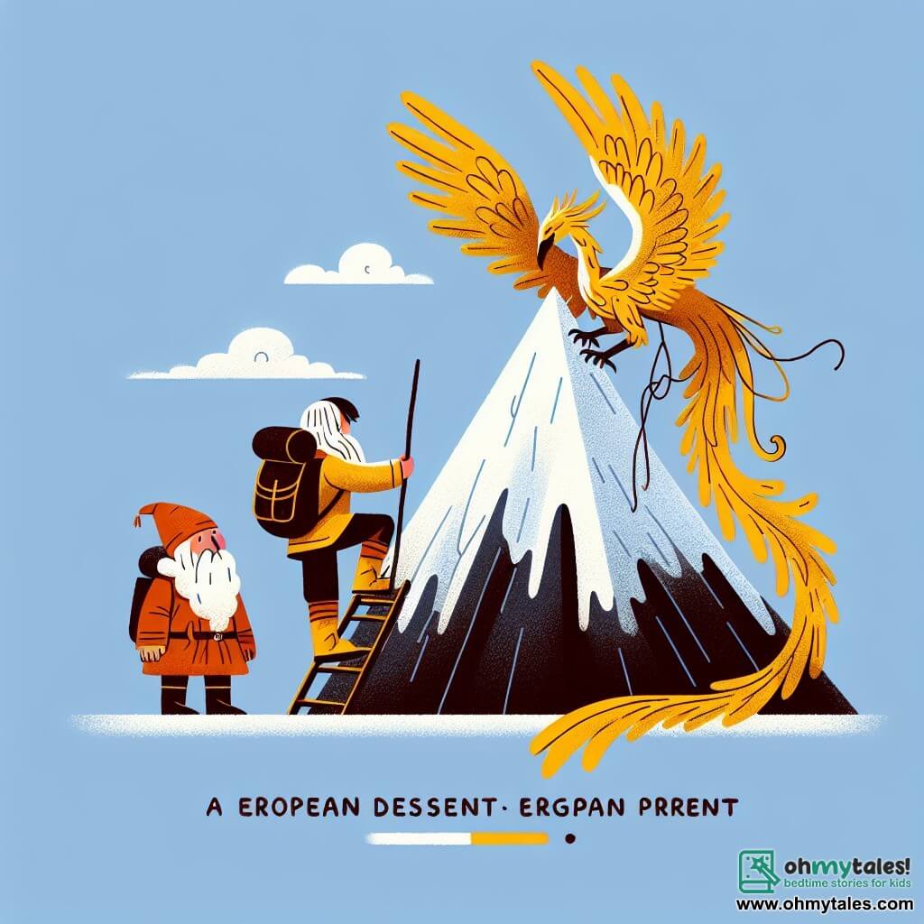 Une illustration destinée aux enfants représentant un courageux explorateur, accompagné d'un sage gardien, escaladant un majestueux sommet enneigé où se cache un mystérieux phénix aux plumes d'or scintillantes.